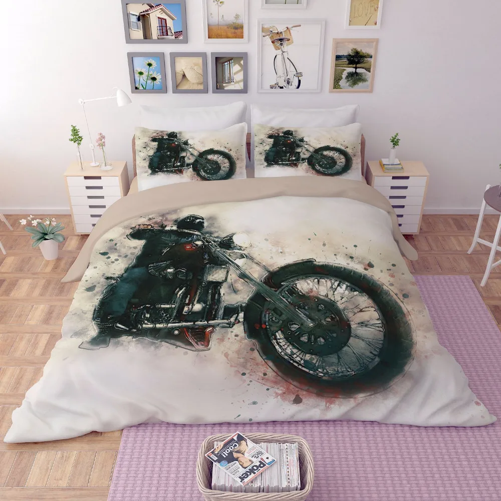Teen Boys Motorcycle 3D Bedding Set Twin Queen King Size Flat Bed Sheet