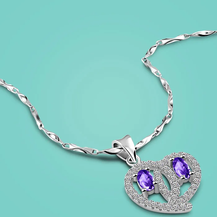 

925 sterling silver necklace for women purple zircon pendant necklace lady's 46cm clavicle chain Solid silver jewelry best gift
