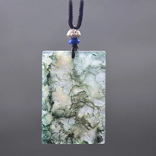

QIANXU Chalcedony Necklace Pendant Aquatic Weed in Stone Hand Carved Fine Jewelry 925 Sliver Lotus