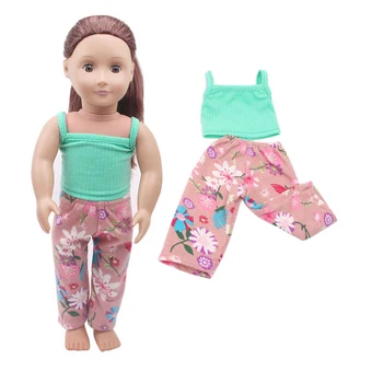 

Doll clothes Lake green vests suit + printed pants toy accessories 18 inch Girl doll and 43 cm baby doll c301