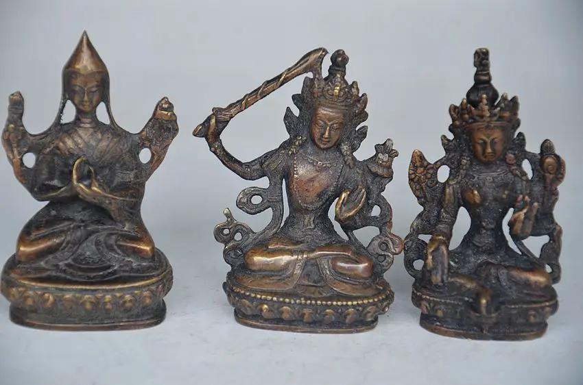 

free TIBET TIBETAN BUDDHISM OLD BRONZE HANDWORK CARVED 3 BUDDHA STATUE fast