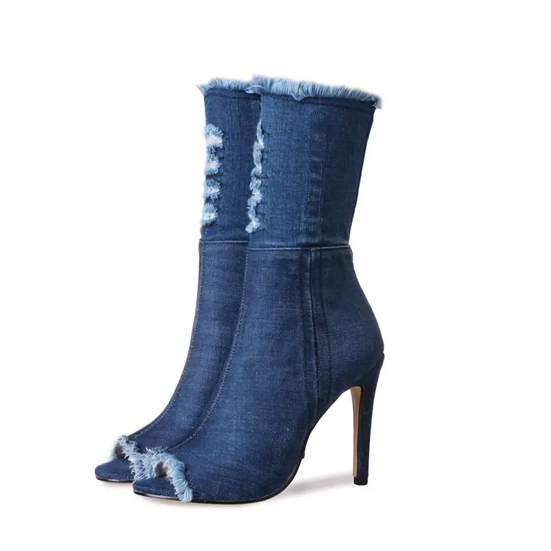ASUMER/Новинка года; джинсовые ботинки; женские ботильоны на высоком каблуке-шпильке; весенне-летние ботинки на молнии с открытым носком; женская обувь; размер 43