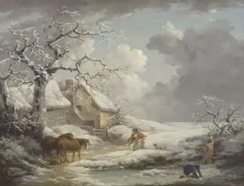 

oil painting "old woman,man,boy,horses,dog,snow landscape"