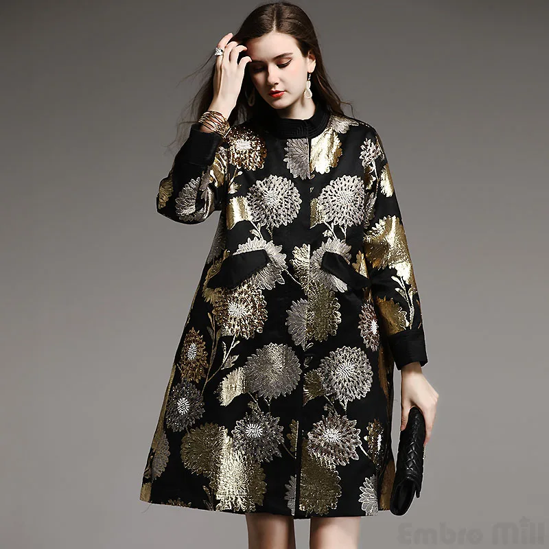 

Embro Mill Vintage royal spring autumn coat woman elegant lady loose black/blue floral beading trench coat female M-XXL