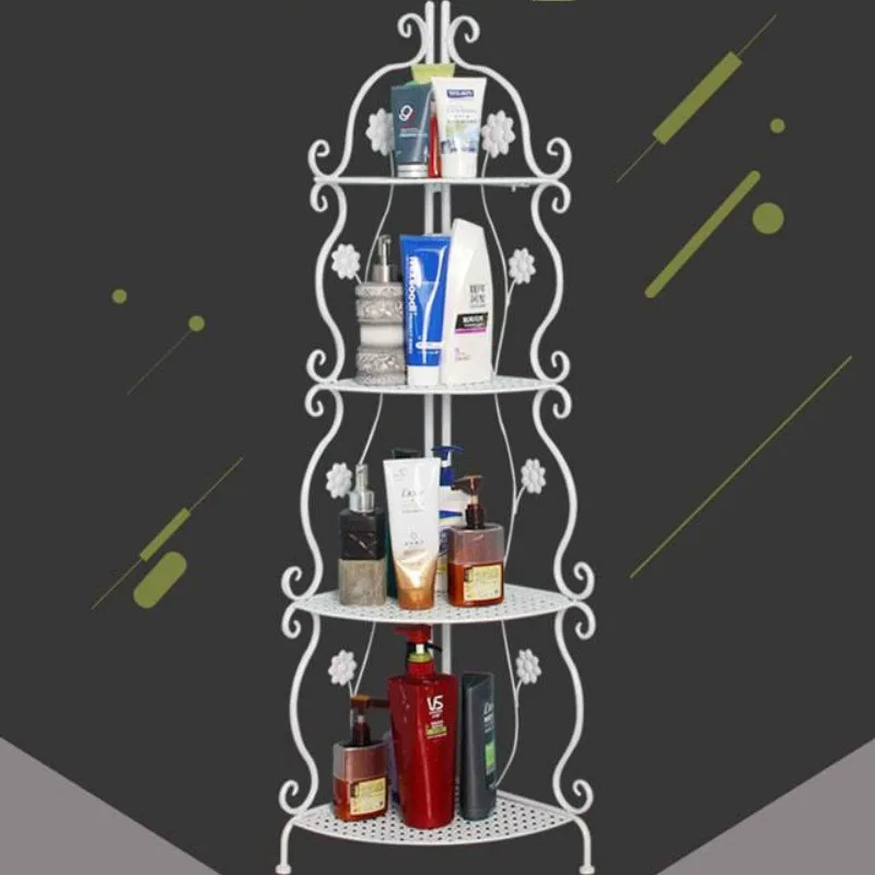

Nordic bathroom organizer corner corner multi-layer wrought iron shelf kitchen metal floor folding flower shelf ZP3121020