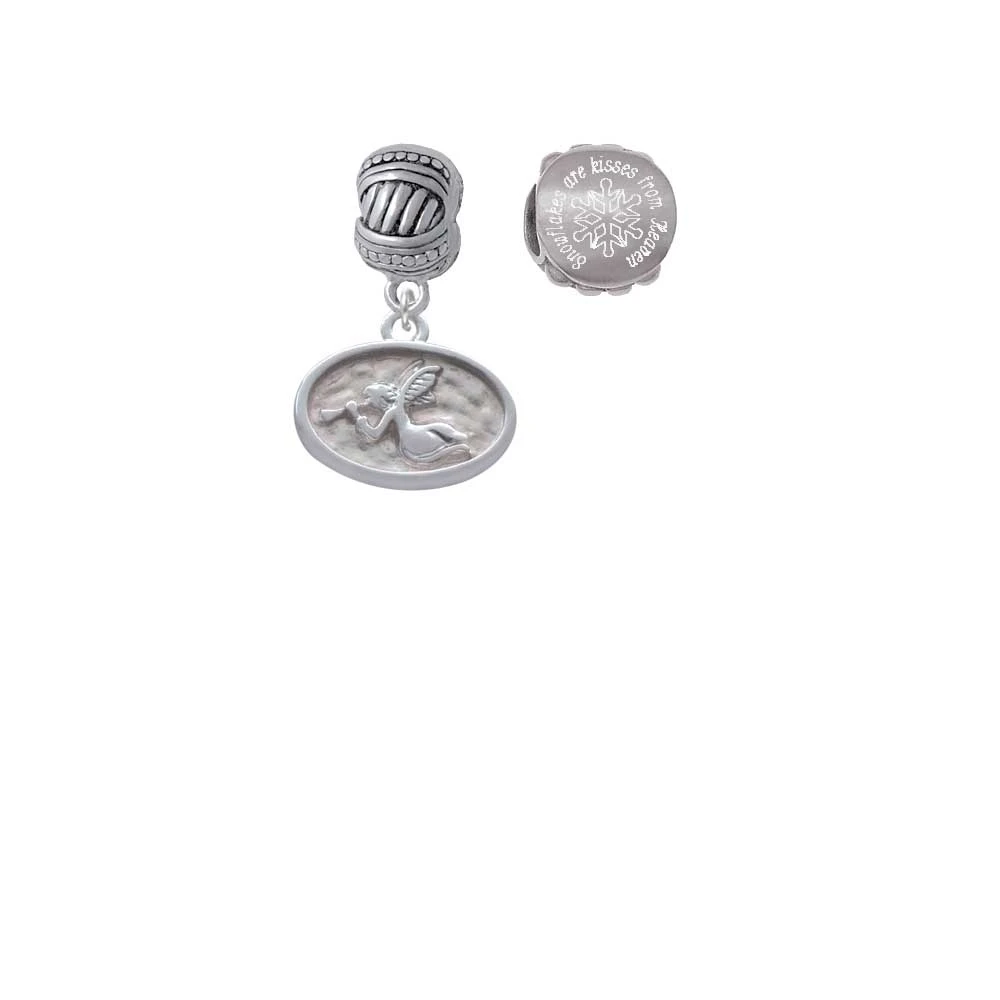 Silvertone Trumpeter Angel - Oval Seal Snowflakes are Kisses from Heaven Charm Beads (Set of 2)