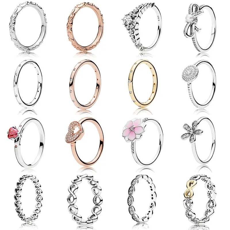 

16 Style Women 925 Sterling Silver Rings With Rose Gold Flower Lucky Eight Crystal Ring For Women Jewelry Gift