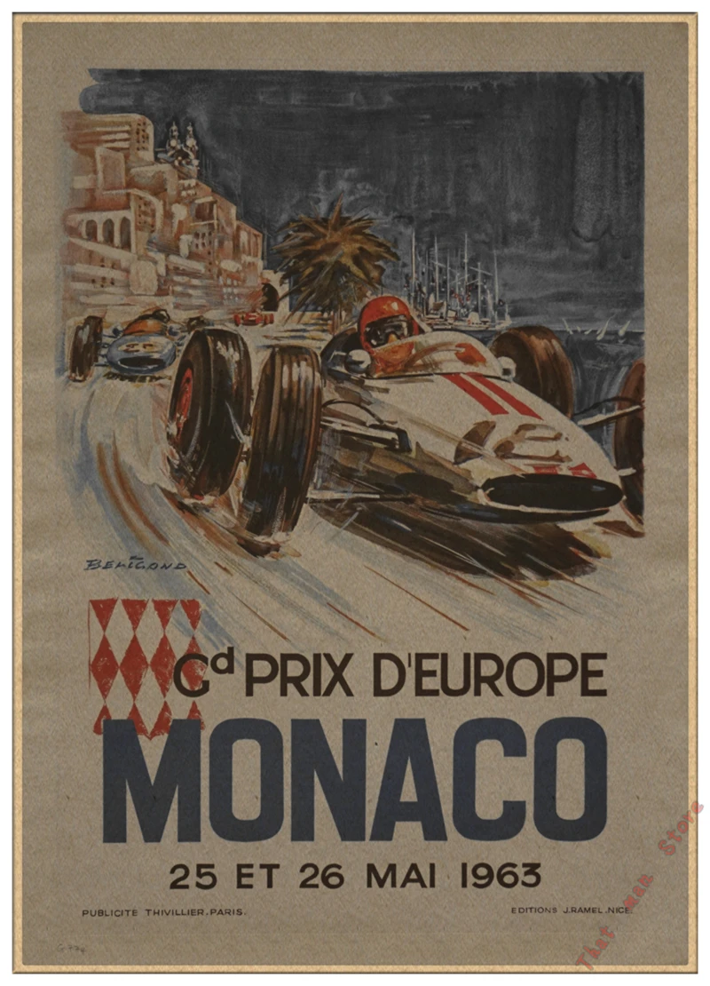 Супер гоночный Ретро мотор Monaco 1937 старинный автомобиль для путешествий, классический винтажный постер, сделай сам, домашний декор из крафт-бумаги - Цвет: Светло-серый