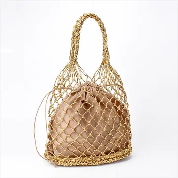 Gold silber 2 farbe helle papier seile hohl woven handtasche baumwolle futter stroh tasche weibliche Reticulate handtasche netted strand tasche — изображение 2
