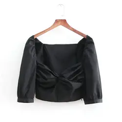 Luoyamy Женщины Черный V neck crop top Половина рукава плиссированная блузка короткий стиль пикантные однотонные рубашки женские повседневные топы