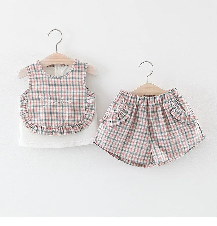 

2019 latest summer Korean girl's clothes cute plaid stitching vest shorts princess two-piece