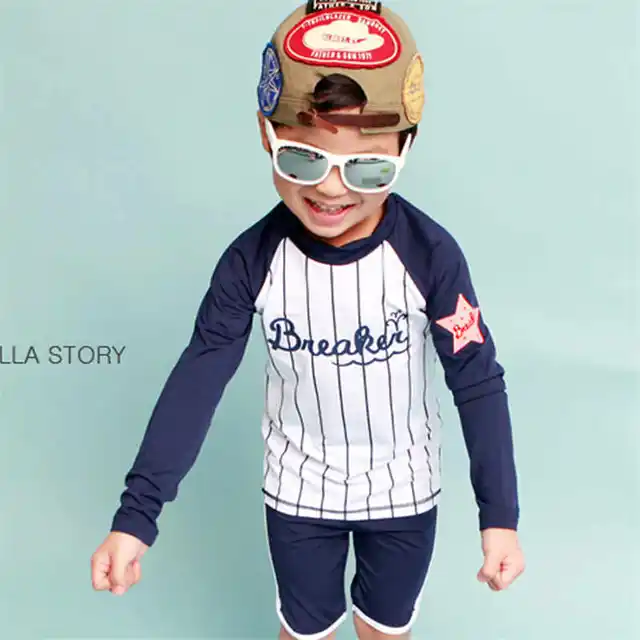 Special Price  2018 new swimsuit for boys  two pieces children's sunscreen split stripe swimwear long sleeved floral UPF50+ free shipping
