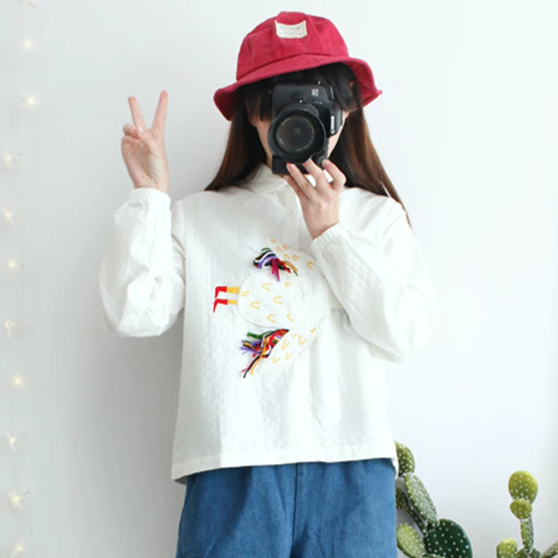 Shot Top Spring Autumn New Women Harajuku Playful Blouse Bird Patch White Long Sleeve Peter Pan Collar Loose Shirt Female |
