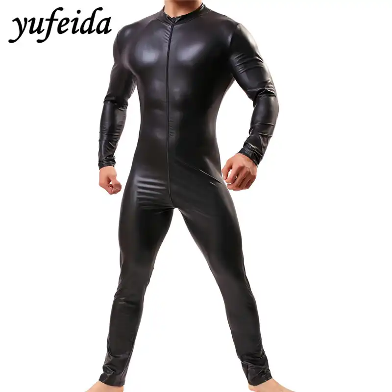 メンズジャンプスーツロンパース長ズボン黒のフェイクレザー Pu レスリングシングレットレオタード下着長袖ワンピーススーツ 肌着 Aliexpress