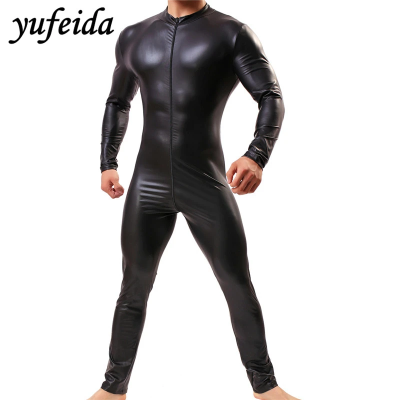 Men/'s Black Faux Leather Bodywear Wrestling Singlet Leotard Jumpsuits Underwear