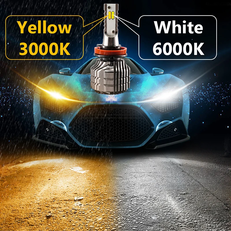 

hlxg Q5 CSP H11 LED H8 Car Front Fog Light Far High Low Beam Automobiles Bulbs 6000K White 3000K Yellow Color Changeable 12V 24V