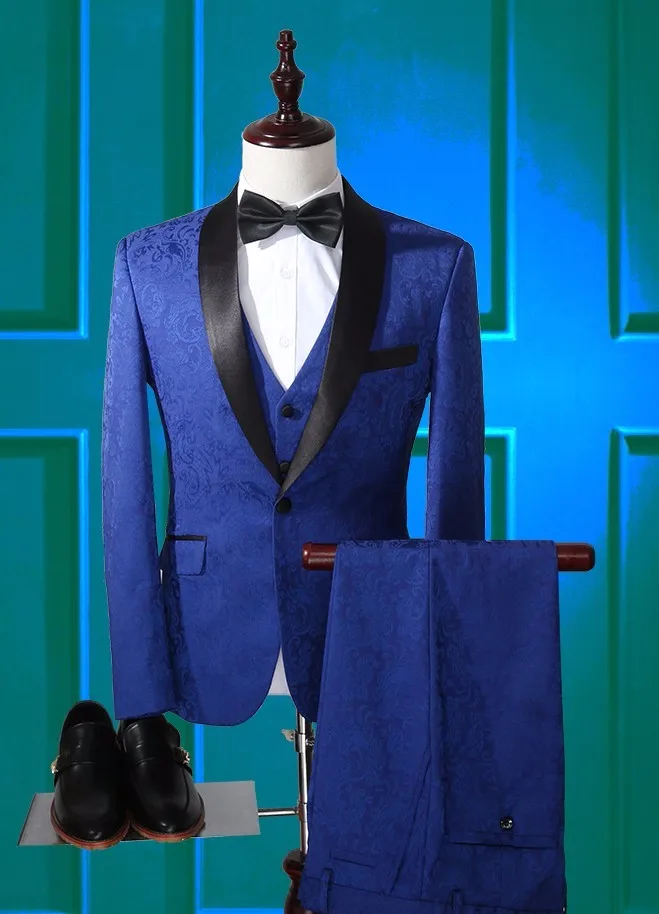 Latest Coat Pant Designs Royal Blue Pattern Shawl Lapel Formal Custom