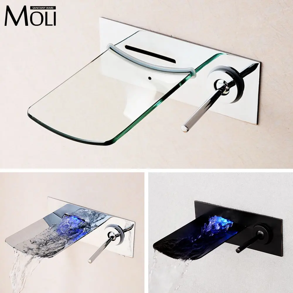 Wall mounted chrome finish bathroom faucet glass spout waterfall basin faucets single handle