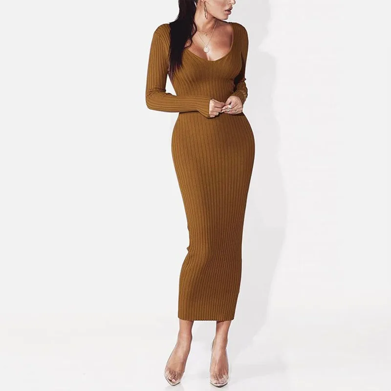 2017 Autumn Winter Wool Women Bodycon Long Dress Elastic Sexy Backless