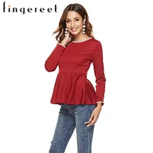 Весенняя Новинка с длинными рукавами одного цвета, Круглый воротник свитер с оборками футболка для женщин женские футболки Длинные рукава футболки Модная одежда