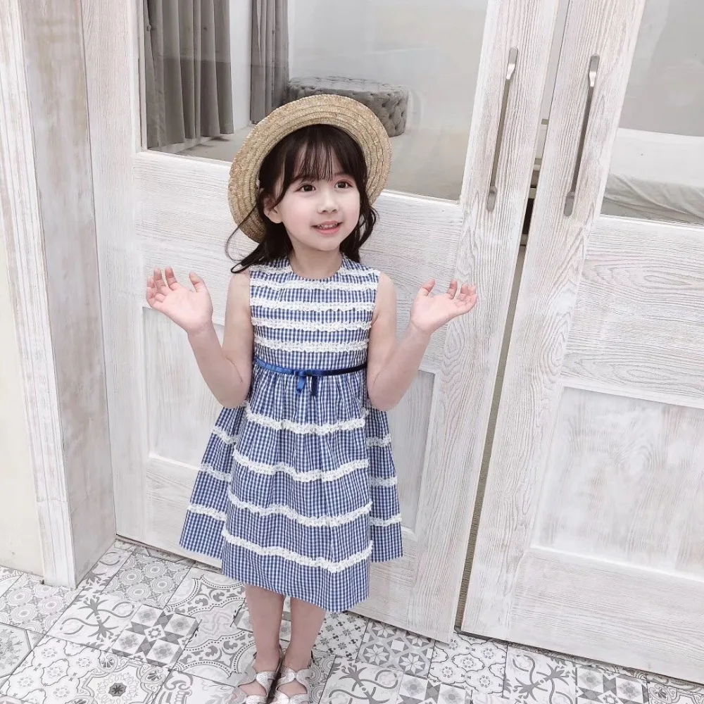 

2019 children summer clothes sleeveless baby cotton casual dress Blue plaid lace stitching dress baby girls clothes