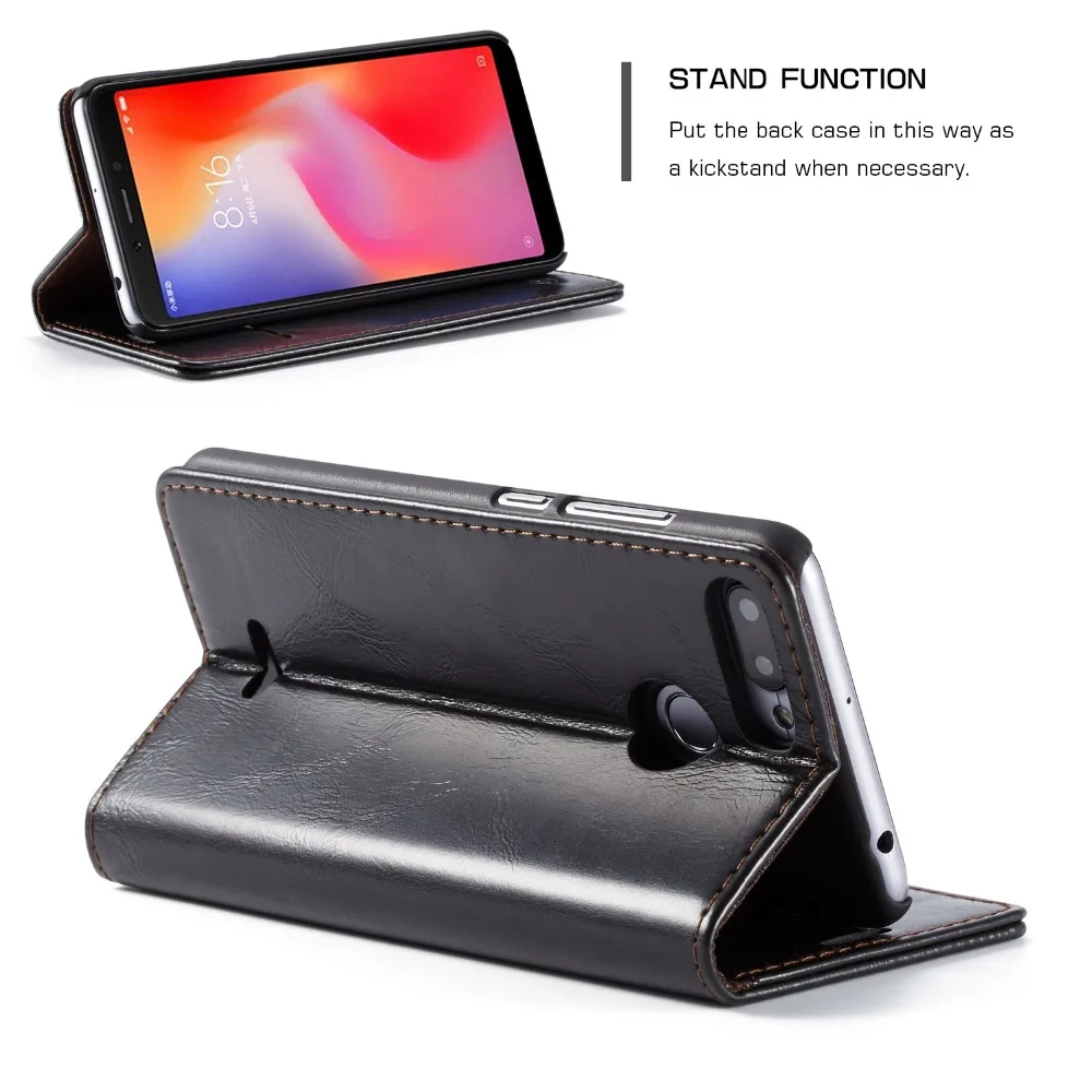  Luxury Leather Phone Cases Cash slot Magnetic flip wallet case Holder Stand for Xiaomi Redmi 6 6A 6