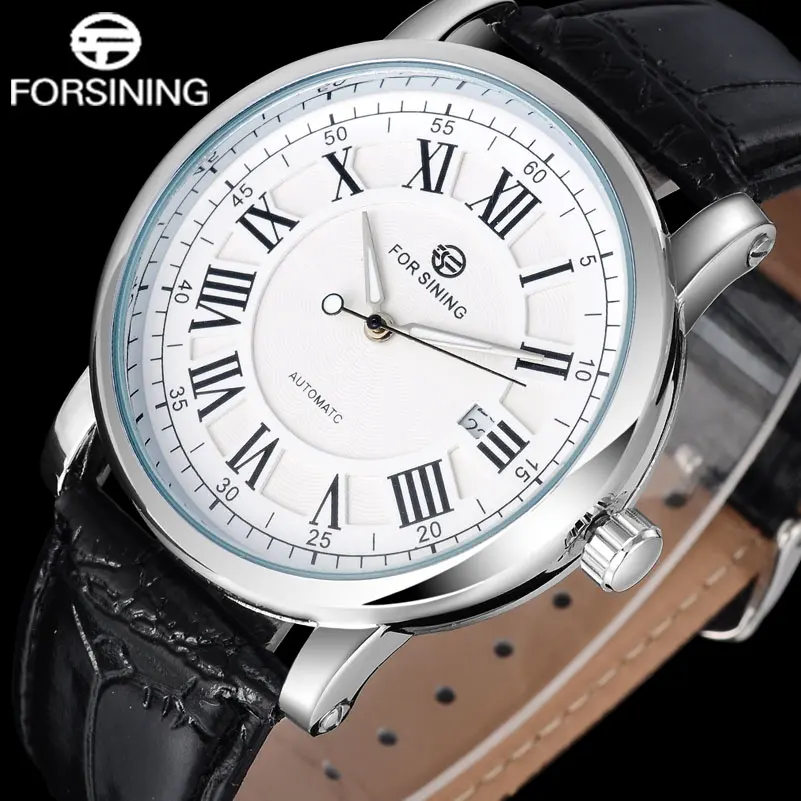

2016 FORSINING popular brand men watches simple automatic self wind watch white dial auto date Roman numerals leather band
