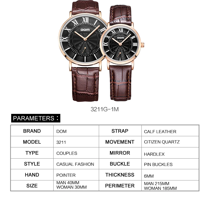 DOM Limited Edition Lovers Couple Watches Ladies Women's Watches Men's Watch Waterproof Quartz Leather Wrist Watch Clock MG-3211
