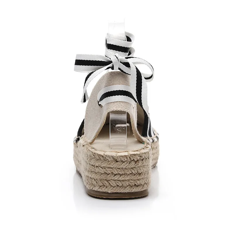 Summer Black Striped Wedge Espadrilles Women Sandals Closed Toe Lace Gladiator Sandal Women Casual Lace Up Women Platform Sandal (2)