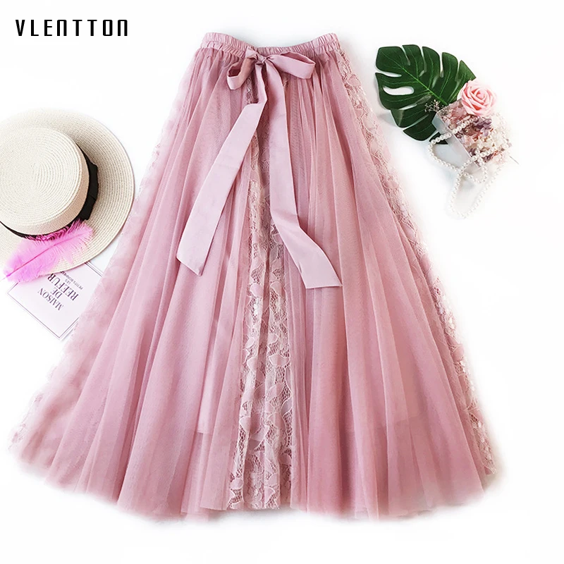 

2019 New Fashion Mesh Tulle Skirt Women Lace midi skirt Female Spring summer elegant A-Line high waist Tutu Pleated skirt Women