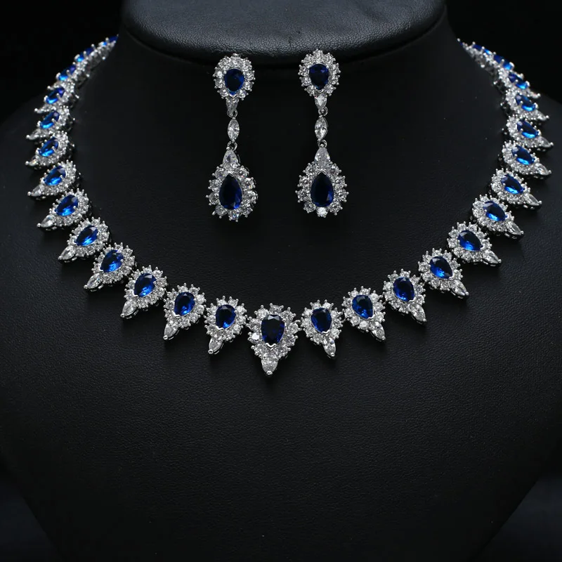

Blue clor with white gold-color AAA Clear Cubic Zircon Jewelry Sets ,Earrings /Necklace,Promotion,Nickel Free, Factory price