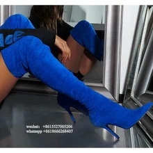 Эластичные замшевые облегающие зимние высокие сапоги синего цвета; женские ботфорты выше колена на тонком высоком каблуке; Bota; большой размер 43