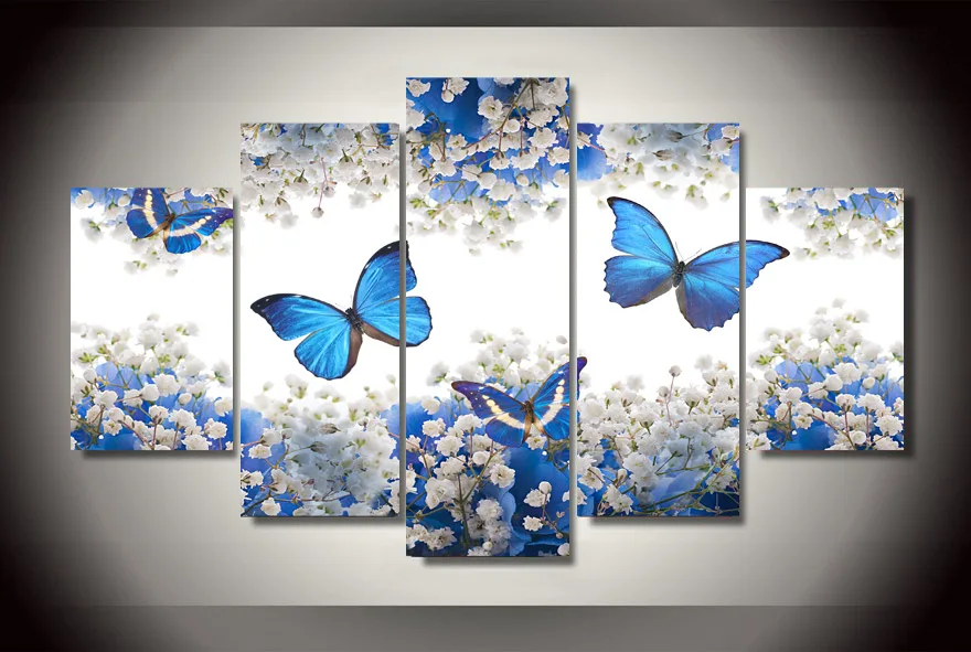 2016 New 5 pieces Blue butterfly picture oil painting on wall art