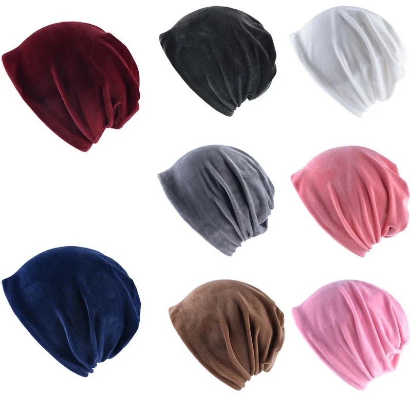 

New Velvet Women Winter Hats Beanies Cotton Blended Hip Hop Caps Slouch Warm Hat Festival Unisex Turban Cap Solid Bonnet Hats