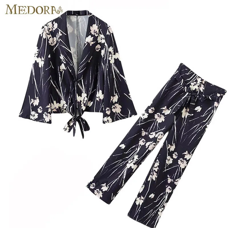 Pant Suits Women 2017 Autumn New Floral Printed Retro Vintage Style Open Stitch Belt Waist Patchwork Two Pieces Blazer | Женская одежда
