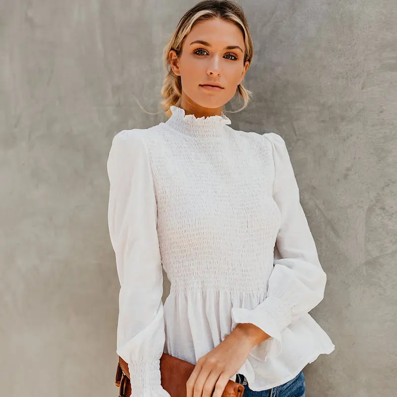 

Spring Summer New Sweet Blouse Women Fashion Solid Flare Sleeve Chiffon Shirt Simple Multicolor Female Stand Top