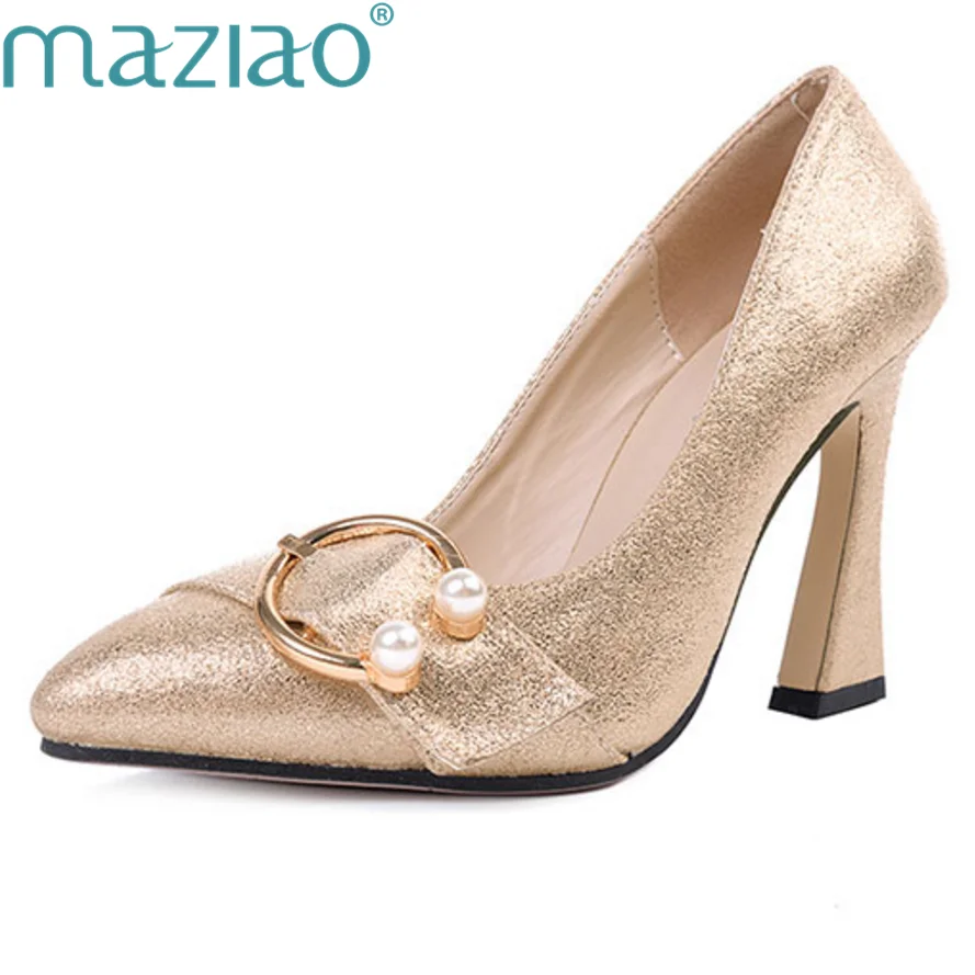 

MAZIAO Fashion Buckle Pearl metal buckle Pumps Women Elegant High Heels Point Toe Party Wedding Shoes Woman Pumps Party Shoes