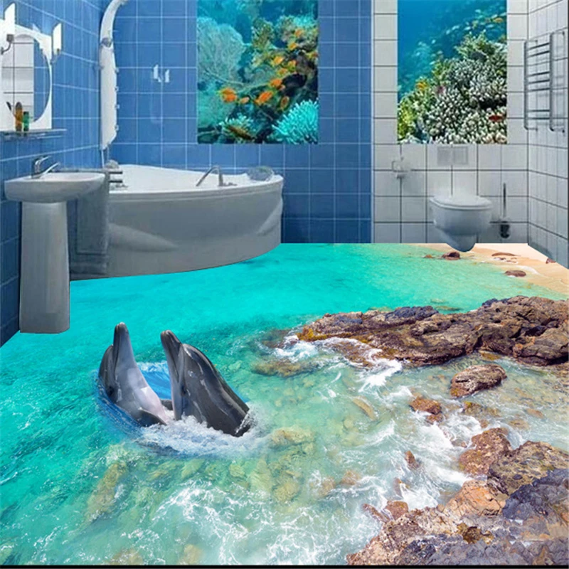 

beibehang papel de parede custom 3D floor paper dolphin sea water floor wallpaper toilet bathroom 3D flooring wallpaper mural