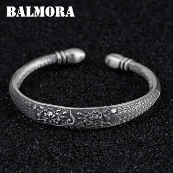

BALMORA 990 Pure Silver Sutra Buddhism Flower Open Bangles for Women About 17 cm Bracelet Jewelry Accessories Esposas SZ0523
