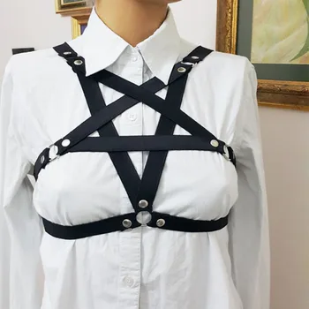 

Pentagram Harness Bondage Crop Top Fashion Gothic Women Chest O Ring Studded Strap Garter Belt Cage Bondage Lingerie Bust Black