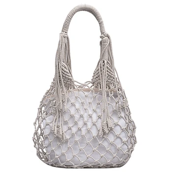 

AUAU-Women Handbags Mesh Rope Net Bags Ins Chic Summer Beach Bags Cotton Hollow Out Basket Composite Bag Leisure Straw Bag For