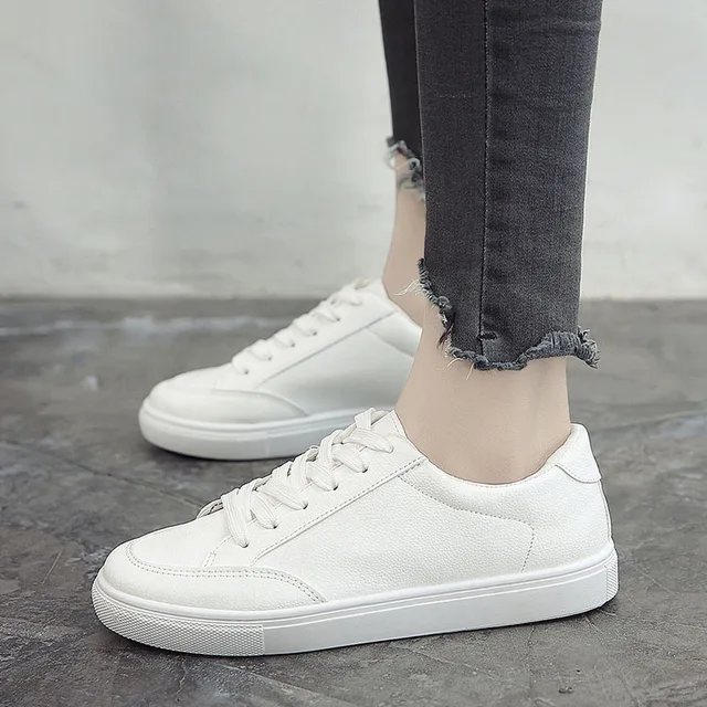White Leather Sneakers Women Casual Breathable Shoes Lace up Round Toe