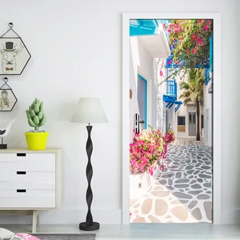 

Living Room Bedroom Door Wall Sticker PVC Waterproof Wallpaper Decoration Romance Greek Street View 3D Door Mural Wallpaper Roll