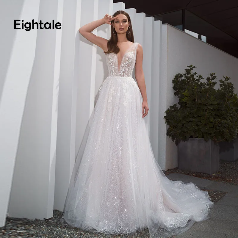

Eightale Romatic Luxury Wedding Dresses Boho V-Neck Sexy Wedding Gowns A-Line Appliques Lace Bride Dress 2019