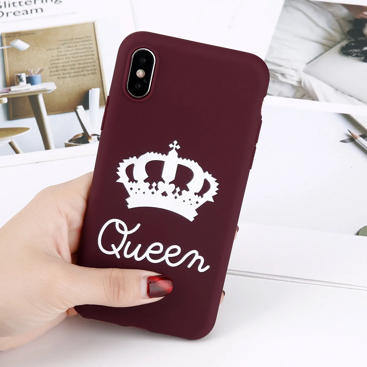 Матовый чехол для телефона с короной для iPhone 11 Pro Max XS Max X XR King queen чехол s 7 6 6s 8 Plus сплошной карамельный цвет Мягкий ТПУ полный Чехол - Цвет: Wine Red Queen