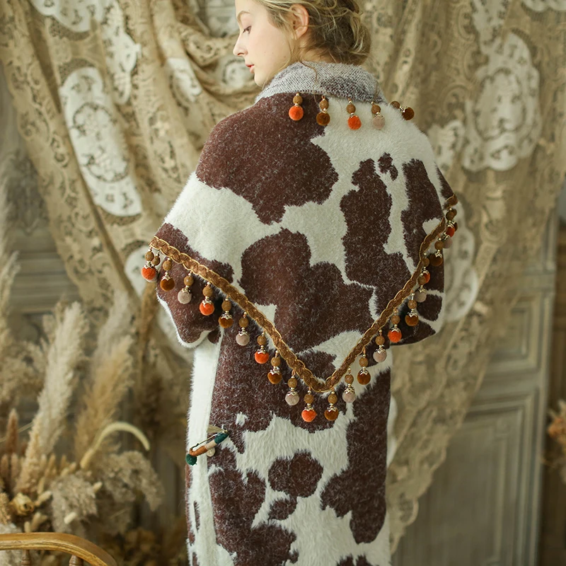 Линетт's chinoiseroy осень зима дизайн для женщин Ультра свободные Mori девушки Винтаж теплый вязаный корова печати платья w/h накидка