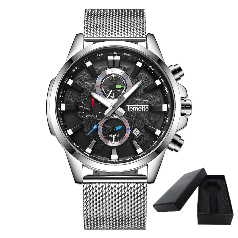 TEMEITE для мужчин's повседневные часы Лидирующий бренд спортивные часы в деловом стиле мужской Дата с сетчатым РЕМЕШКОМ НАРУЧНЫЕ - Цвет: TEMEITE  3 WIHT BOX