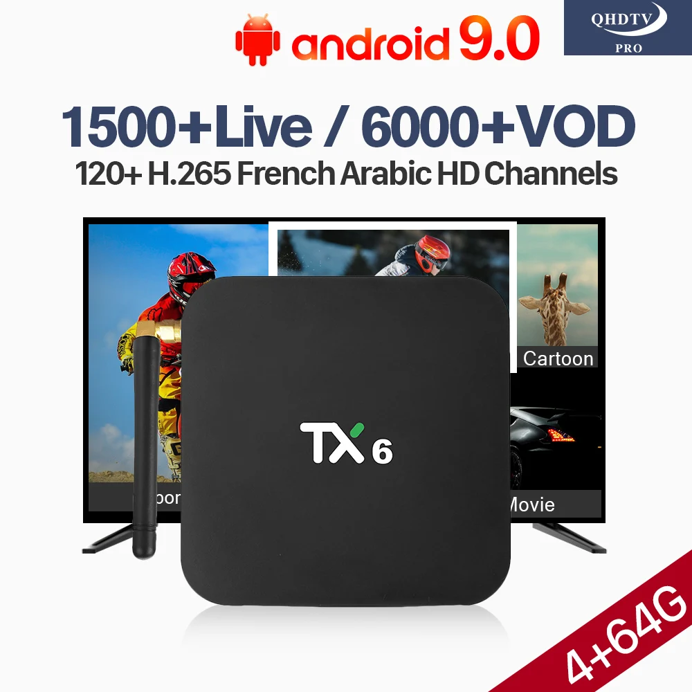 

French IPTV Subscription H.265 1 Year QHDTV PRO Code TX6 Android 9.0 Smart TV Box 4GB 64GB BT5.0 Arabic Belgium Morocco IPTV Box