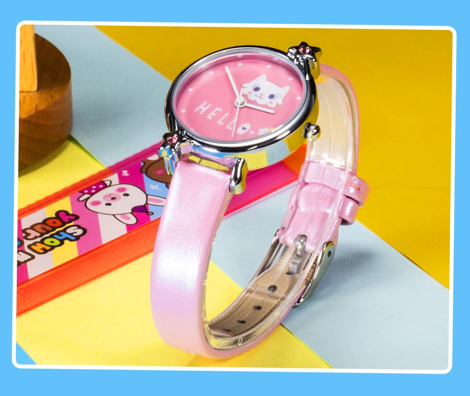 KDM милые детские часы милый кот детские наручные часы Детские часы водонепроницаемые наручные часы с ремешком из натуральной кожи
