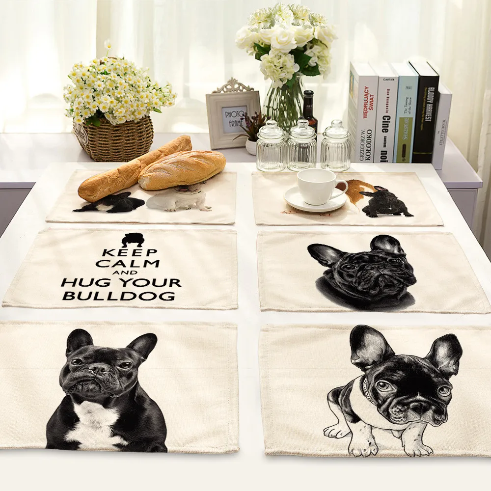 

42x32cm French Bulldog Print Cotton Linen Placemat Insulation Dining Table Mat Bowls Coasters Kitchen Accessories Decor